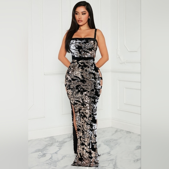 Feeling The Martinis Sequin Maxi Dress - Gold/combo - Picture 1 of 5